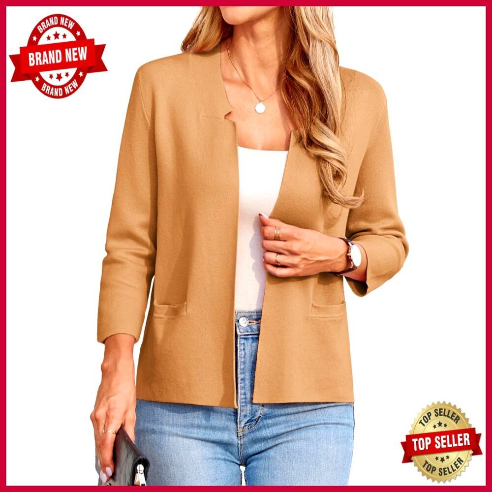 Lightweight Knit Blazer 3/4 Sleeve Cropped Cardigan Business Casual Chic